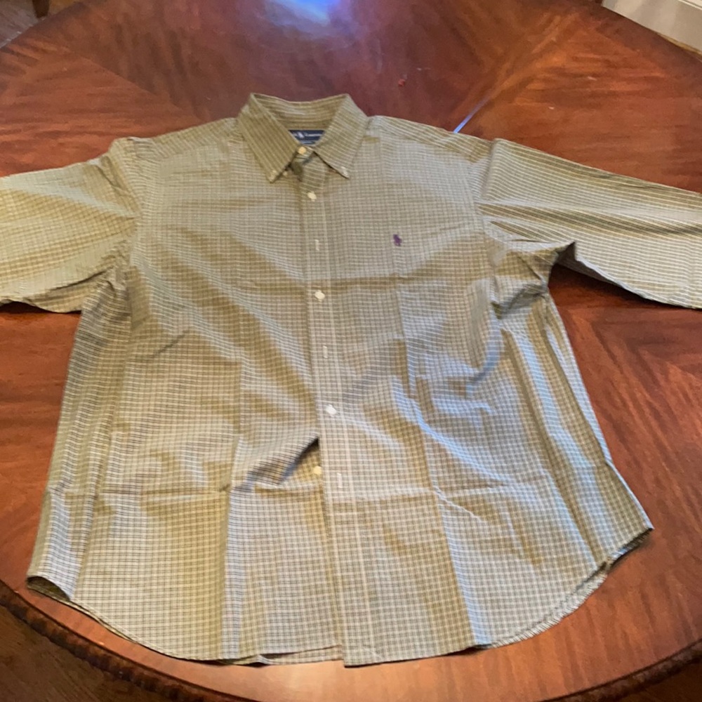 Ralph Lauren. Green white and maroon plaid. Button down color. Newly laundered